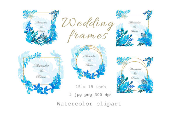 Elegant Watercolor Wedding Frames: Gold and Blue Botanicals