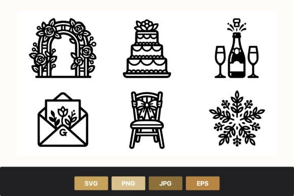 Elegant Wedding Icons: Floral Arch, Cake & Champagne Set