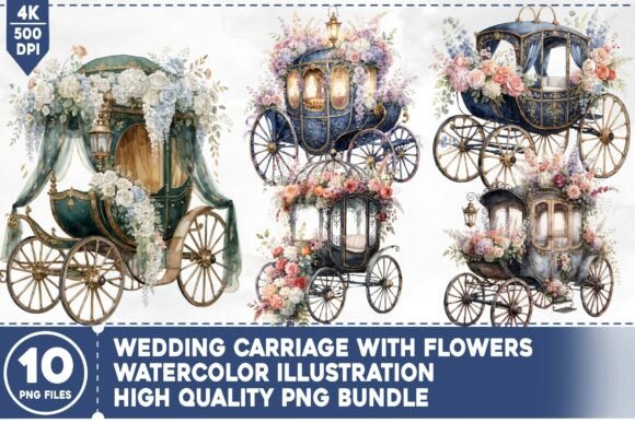 Enchanting Wedding Carriage with Flowers PNG Bundle