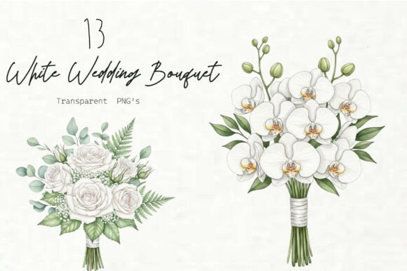 Timeless Watercolor White Wedding Bouquet Clipart for Crafts