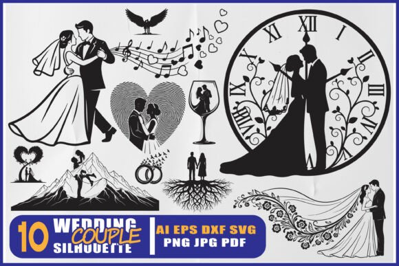 Wedding Couple Silhouette SVG Set: 10 Romantic Designs