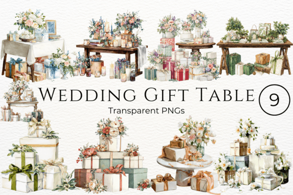 Wedding Gift Table Watercolor Clipart: Vibrant Design Assets